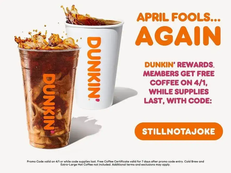 April Fools Day: Free Dunkin’ Coffee
