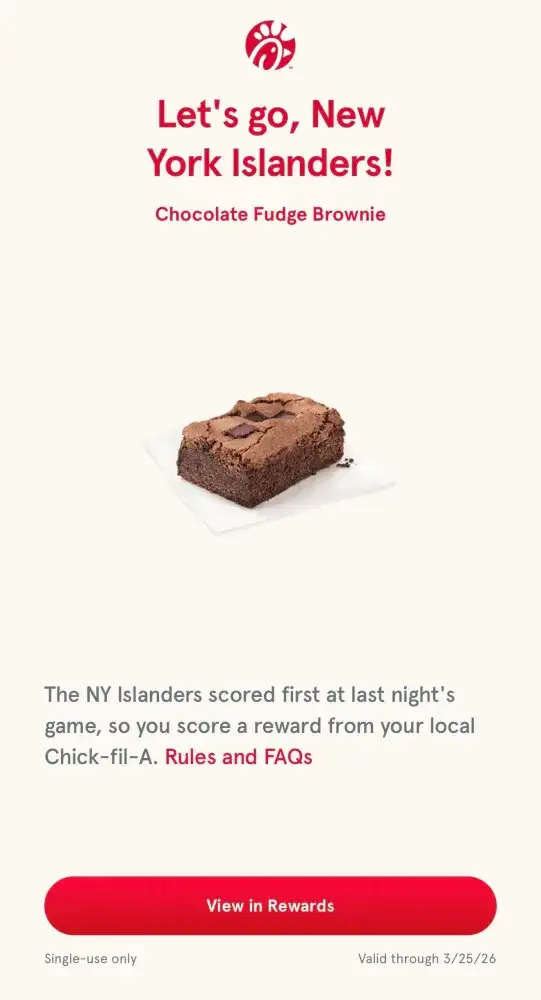 Chick-Fil-A Islanders Win Free Brownie