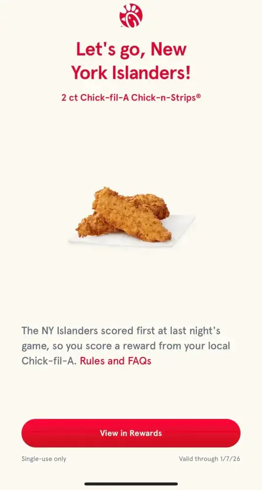 Chick-Fil-A Islanders Win Free Chicken Strips