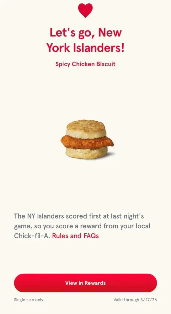 Chick-Fil-A Islanders Win Free Spicy Chicken Biscuit