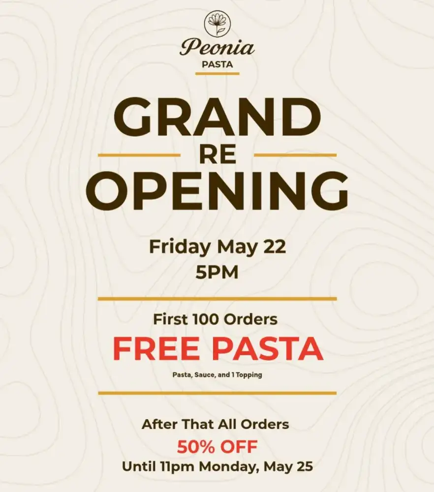 Peonia Pasta Grand Reopening
